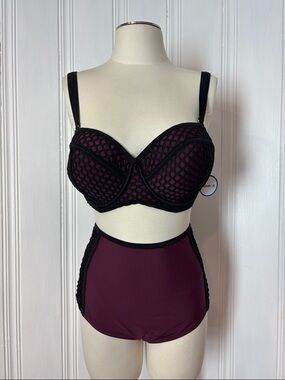 NWT Swimsuits For All Burgundy Black Mesh High waisted Bikini Set Size 18